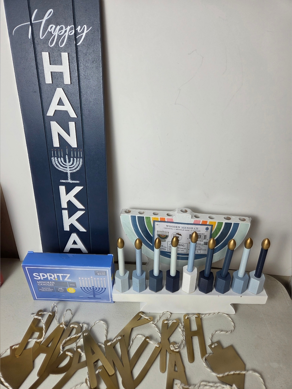 Hanukkah Decorations Metal Banner Hannukia Wood Candles Holidays Celebration